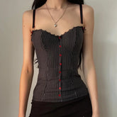 BXOXO Vintage Contrast Button Stitching Camis Women Causal Slim-fitting Sleeveless Slit Crop Top Summer Retro Striped Print Tee